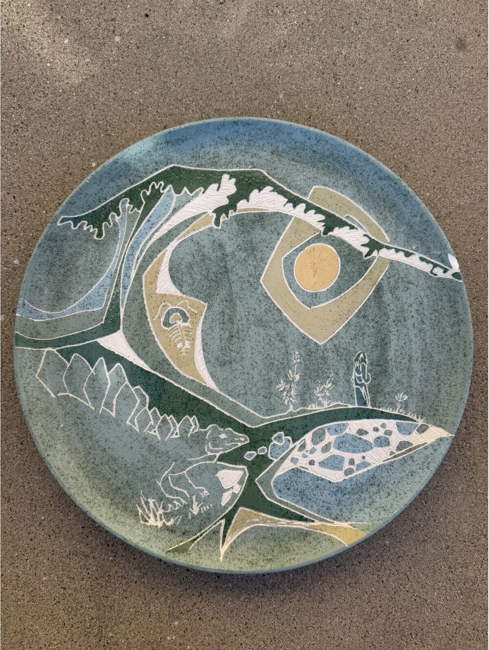 Vintage Prehistoric Shoreline Sgraffito Ceramic Plate 1970s Handmade Folk Art